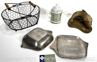 Group of Decorative Items Nambe Dish, Wire Basket, Harrods Jar and Fish Statue