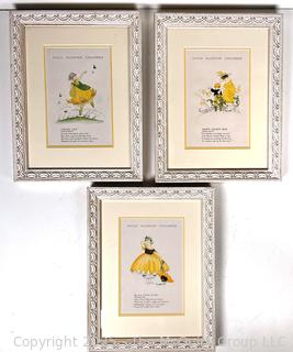 Set of Three (3) Framed Under Glass Prints of Wild Flower Children Book Illustrated by Janet Laura Scott, 1918, in Yellow. 10" x 13" 