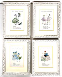 Set of Four (4) Framed Under Glass Prints of Wild Flower Children Book Illustrated by Janet Laura Scott, 1918, in Blue. 10" x 13" 