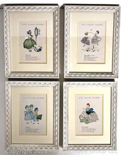 Set of Four (4) Framed Under Glass Prints of Wild Flower Children Book Illustrated by Janet Laura Scott, 1918, in Blue. 10" x 13" 