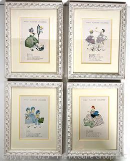 Set of Four (4) Framed Under Glass Prints of Wild Flower Children Book Illustrated by Janet Laura Scott, 1918, in Blue. 10" x 13" 