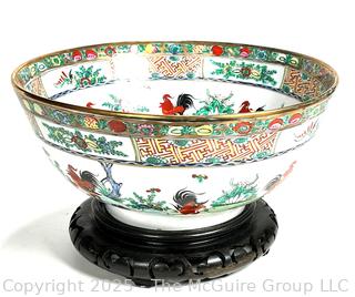 19th Century Porcelain Chinese Export Rooster Famille Rose Bowl & Hardwood Stand