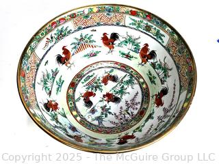 19th Century Porcelain Chinese Export Rooster Famille Rose Bowl & Hardwood Stand