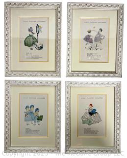 Set of Four (4) Framed Under Glass Prints of Wild Flower Children Book Illustrated by Janet Laura Scott, 1918, in Blue. 10" x 13" 