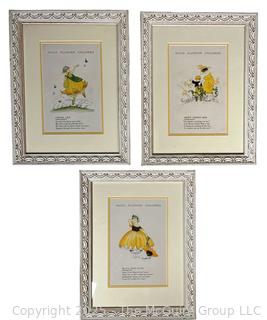 Set of Three (3) Framed Under Glass Prints of Wild Flower Children Book Illustrated by Janet Laura Scott, 1918, in Yellow. 10" x 13" 