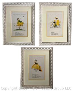 Set of Three (3) Framed Under Glass Prints of Wild Flower Children Book Illustrated by Janet Laura Scott, 1918, in Yellow. 10" x 13" 