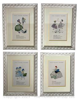 Set of Four (4) Framed Under Glass Prints of Wild Flower Children Book Illustrated by Janet Laura Scott, 1918, in Blue. 10" x 13" 