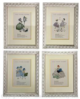 Set of Four (4) Framed Under Glass Prints of Wild Flower Children Book Illustrated by Janet Laura Scott, 1918, in Blue. 10" x 13" 