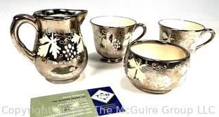 Four (4) Piece Silver Lusterware Cream & Sugar Set Pottery