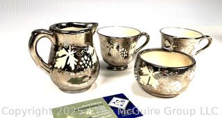 Four (4) Piece Silver Lusterware Cream & Sugar Set Pottery