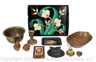 Decorative Items Including Carved Wood Birds, Copper and Floral Tray   