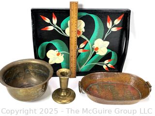 Decorative Items Including Carved Wood Birds, Copper and Floral Tray   