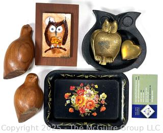 Decorative Items Including Carved Wood Birds, Copper and Floral Tray   