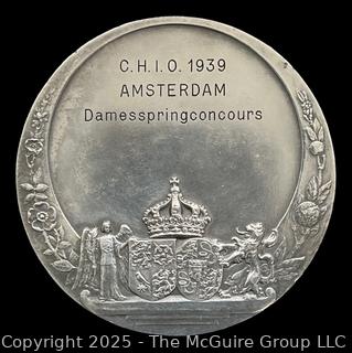 Juliana Princess of the Netherlands .833 Silver Medal designed by J C Wienecke for CHIO 1939 Amsterdam Ladies Equestrian Jumping Competition. 60mm 78 grams