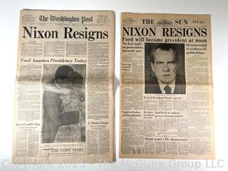 The Washington Post and Baltimore Sun Newspapers Reporting on President Nixon’s Resignation in 1974