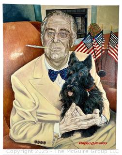 Unframed Original Oil on Canvas of Franklin D. Roosevelt holding Dog, Signed by Artist Douglas Edwards. 24 x 30