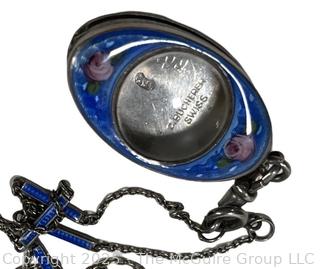 Ladies Sterling Silver Blue Enamel C Bucherer Swiss Watch Pendant Necklace. Movement is 15 Jewels, 3 Adjustments