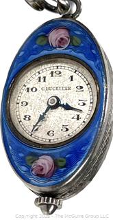 Ladies Sterling Silver Blue Enamel C Bucherer Swiss Watch Pendant Necklace. Movement is 15 Jewels, 3 Adjustments