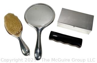 Four (4) Piece Silver Vanity Set Including Hand Mirror, Brush and Box