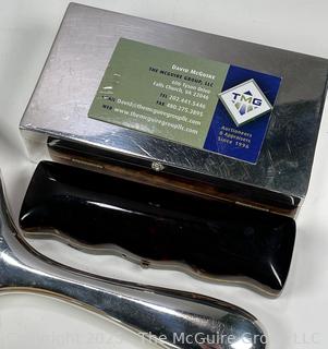 Four (4) Piece Silver Vanity Set Including Hand Mirror, Brush and Box