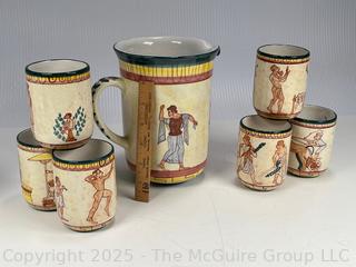 Hand Painted Pottery Pitcher and Tumblers Set Depicting Ancient Greece. Signed Italy L'ISOLA