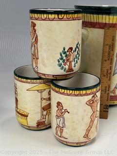 Hand Painted Pottery Pitcher and Tumblers Set Depicting Ancient Greece. Signed Italy L'ISOLA