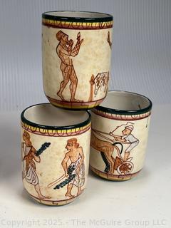 Hand Painted Pottery Pitcher and Tumblers Set Depicting Ancient Greece. Signed Italy L'ISOLA