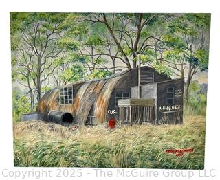 Unframed Original Oil on Canvas Titled, “The Old Camp, East Anglia, Spring 1987 (WWII Series)” by Artist Douglas Edwards. 30 x 24”