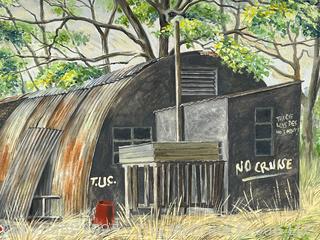 Unframed Original Oil on Canvas Titled, “The Old Camp, East Anglia, Spring 1987 (WWII Series)” by Artist Douglas Edwards. 30 x 24”