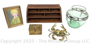 Decorative Items Including Brass Crab, Carved Wood Desktop Organizer, Silvered Glass Vase, Small Farmed Watercolor Painting of Child and Brass Cricket Box