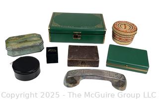 Collection of Jewelry Boxes, Woven Basket and Gorham Silverplate Telephone Phone Handle Receiver Cover