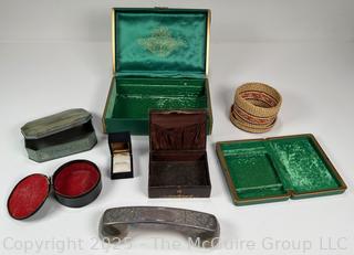 Collection of Jewelry Boxes, Woven Basket and Gorham Silverplate Telephone Phone Handle Receiver Cover