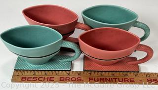 Set of Four (4) Stylized Contemporary Minimalist Pottery Cups & Saucers
