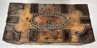 Pre Civil War Cowhide Leather Trunk with Forged Iron Brass Tacks Made by Boston Saddle Maker, Robert Burr.  24 x 12 x 9"