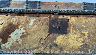 Pre Civil War Cowhide Leather Trunk with Forged Iron Brass Tacks Made by Boston Saddle Maker, Robert Burr.  24 x 12 x 9"