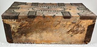 Pre Civil War Cowhide Leather Trunk with Forged Iron Brass Tacks Made by Boston Saddle Maker, Robert Burr.  24 x 12 x 9"