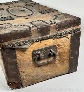 Pre Civil War Cowhide Leather Trunk with Forged Iron Brass Tacks Made by Boston Saddle Maker, Robert Burr.  24 x 12 x 9"