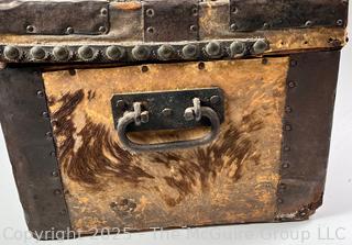 Pre Civil War Cowhide Leather Trunk with Forged Iron Brass Tacks Made by Boston Saddle Maker, Robert Burr.  24 x 12 x 9"