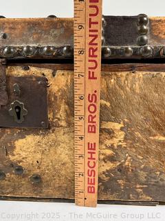 Pre Civil War Cowhide Leather Trunk with Forged Iron Brass Tacks Made by Boston Saddle Maker, Robert Burr.  24 x 12 x 9"