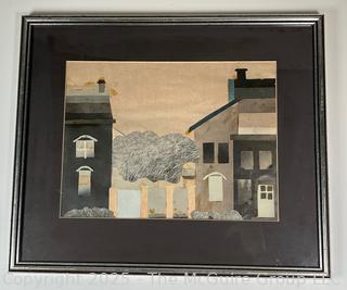 Framed Under Glass Paper Collage of House, Unsigned.  14 x 18"