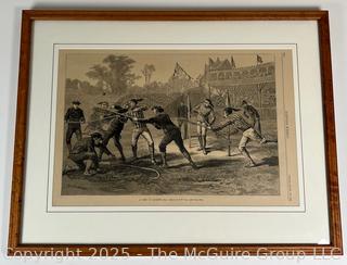 Framed Under Glass Lithograph Titled "A Game of Lacrosse", H.W. Hall, Published by Harper's Weekly c. 1884. 15 x 20" 