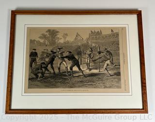 Framed Under Glass Lithograph Titled "A Game of Lacrosse", H.W. Hall, Published by Harper's Weekly c. 1884. 15 x 20" 