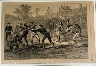 Framed Under Glass Lithograph Titled "A Game of Lacrosse", H.W. Hall, Published by Harper's Weekly c. 1884. 15 x 20" 