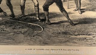 Framed Under Glass Lithograph Titled "A Game of Lacrosse", H.W. Hall, Published by Harper's Weekly c. 1884. 15 x 20" 