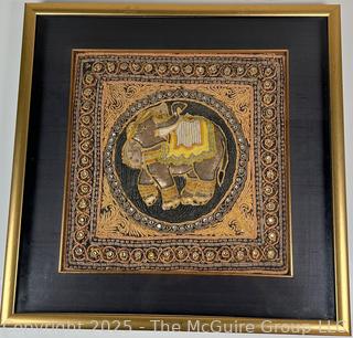 Framed Under Glass Burmese Kalaga Tapestry of Elephant. 20" square.