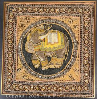 Framed Under Glass Burmese Kalaga Tapestry of Elephant. 20" square.