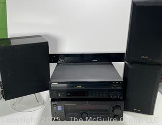 Home Sound System Components: Denon AVR-985 AV Surround Receiver; Samsung Soundbar HW-FM45C/ZA; SONY STR-DE975 FM-AM Stereo Receiver; Multidisc Player That Supports CD's, CDV's, and Laser Discs Model CLD-1080; Set of 4 Polk Audio Monitor Series Speakers 8OHM Outputs 20-75 Watts Per Channel; Samsung PS-WF450 Bluetooth Theater Active Subwoofer; Aura Line Source Loudspeaker Model LSS107A   