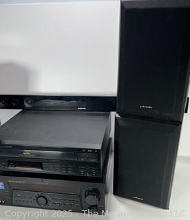 Home Sound System Components: Denon AVR-985 AV Surround Receiver; Samsung Soundbar HW-FM45C/ZA; SONY STR-DE975 FM-AM Stereo Receiver; Multidisc Player That Supports CD's, CDV's, and Laser Discs Model CLD-1080; Set of 4 Polk Audio Monitor Series Speakers 8OHM Outputs 20-75 Watts Per Channel; Samsung PS-WF450 Bluetooth Theater Active Subwoofer; Aura Line Source Loudspeaker Model LSS107A   