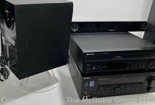 Home Sound System Components: Denon AVR-985 AV Surround Receiver; Samsung Soundbar HW-FM45C/ZA; SONY STR-DE975 FM-AM Stereo Receiver; Multidisc Player That Supports CD's, CDV's, and Laser Discs Model CLD-1080; Set of 4 Polk Audio Monitor Series Speakers 8OHM Outputs 20-75 Watts Per Channel; Samsung PS-WF450 Bluetooth Theater Active Subwoofer; Aura Line Source Loudspeaker Model LSS107A   