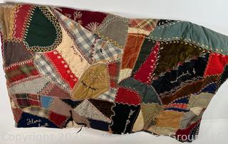 Hand Sewn Crazy Quilt. 36 x 86" Some Damage as Shown  